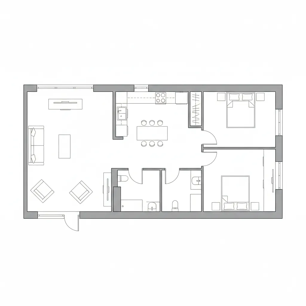 apartment floor plan layout with living room kitchen bedroom zones clearly organized