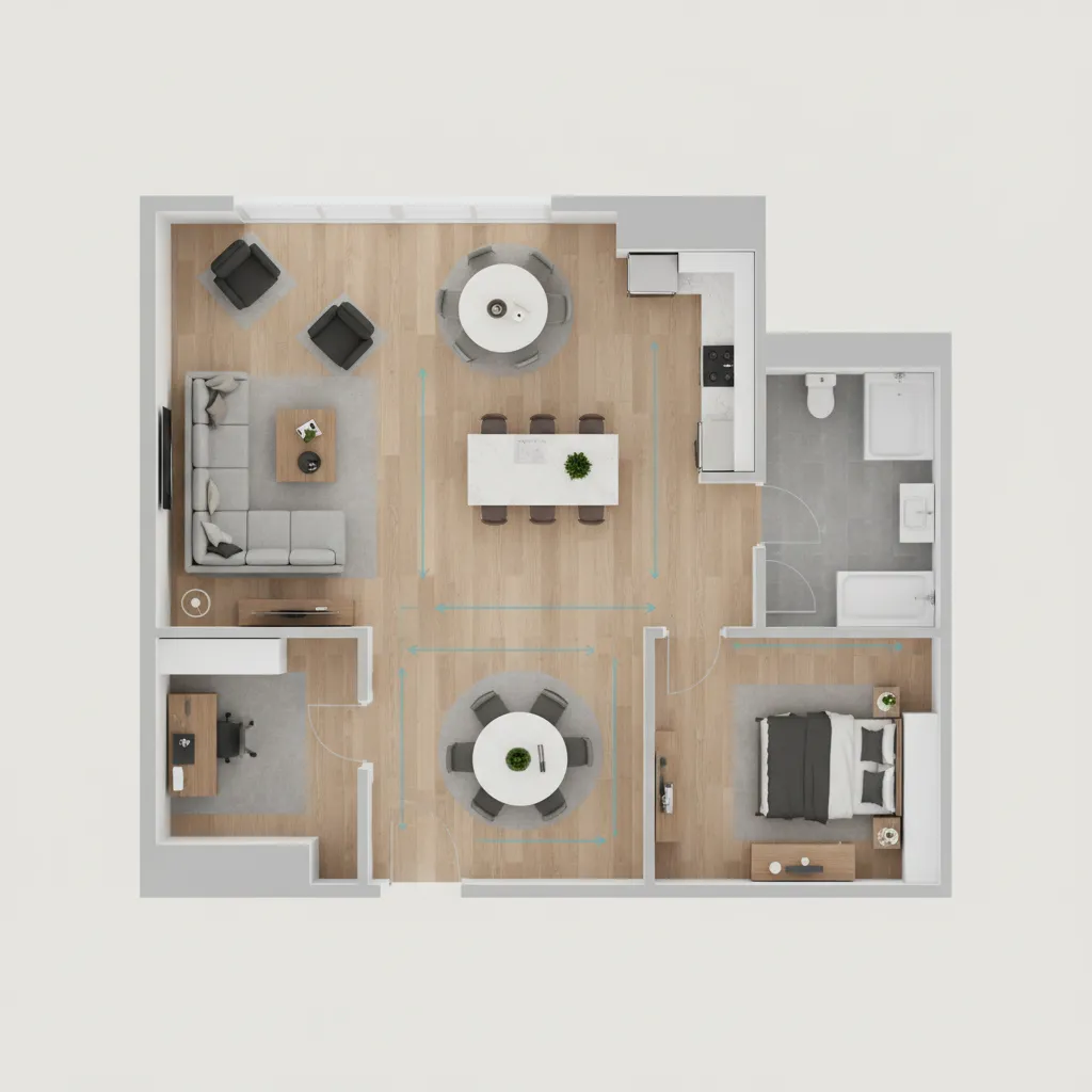 apartment floor plan showing furniture layout zones and walking paths