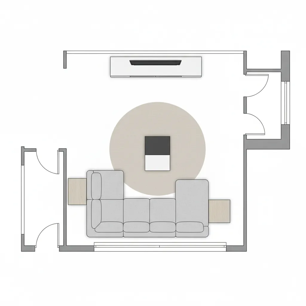 Digital floor plan showing living room zoning with sofa, table, and walking paths