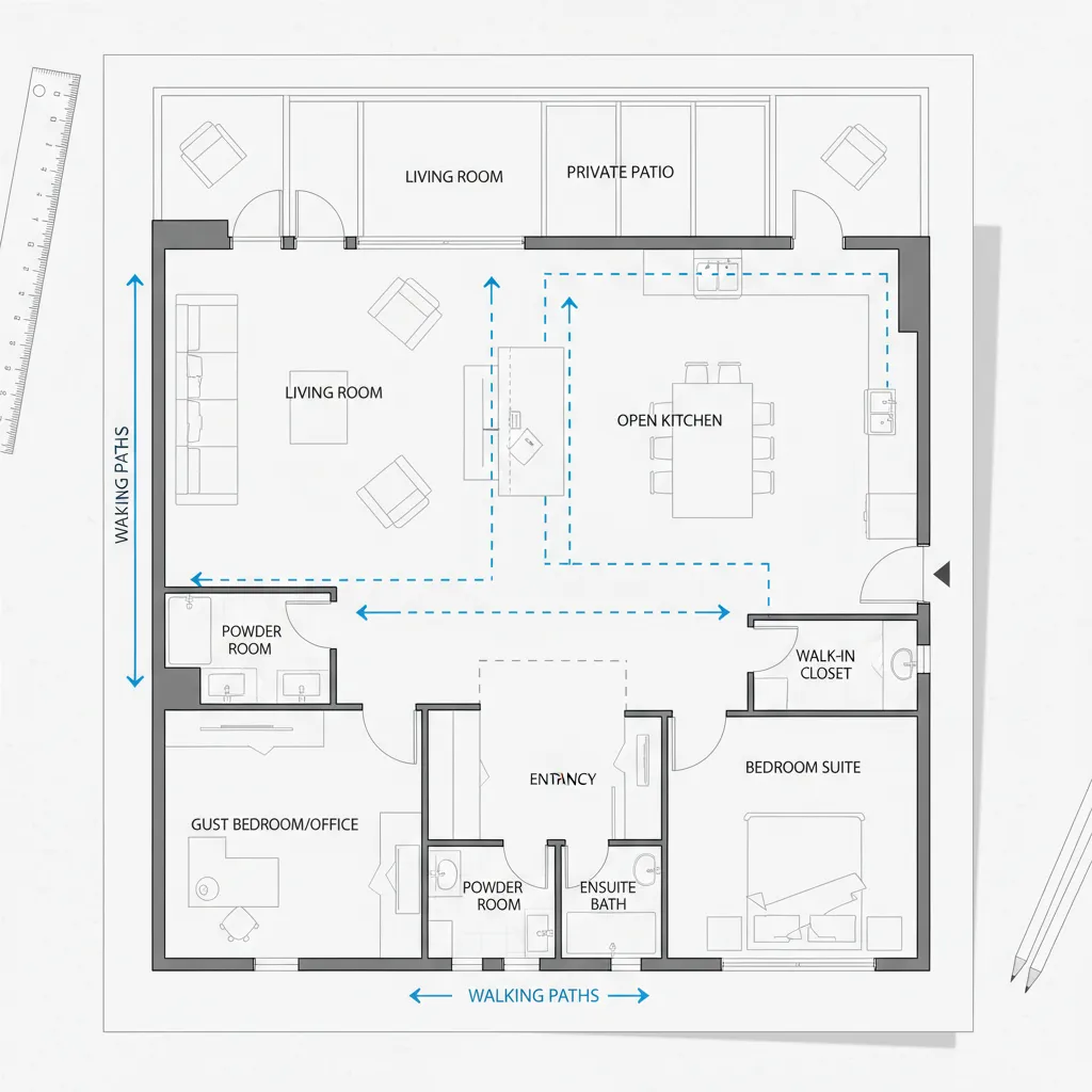 home floor plan layout showing room zones and circulation paths