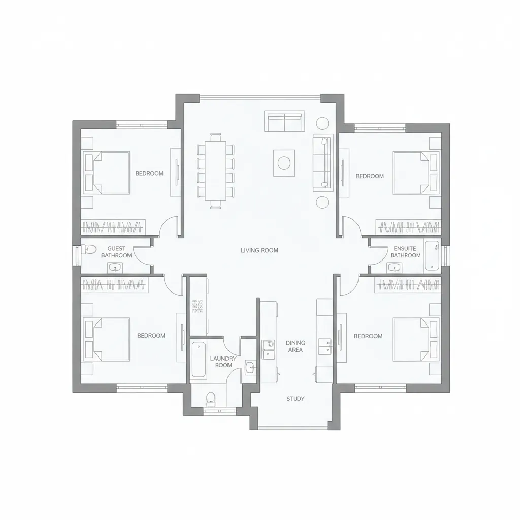 Clear 2D house floor plan showing living room kitchen bedroom layout zones