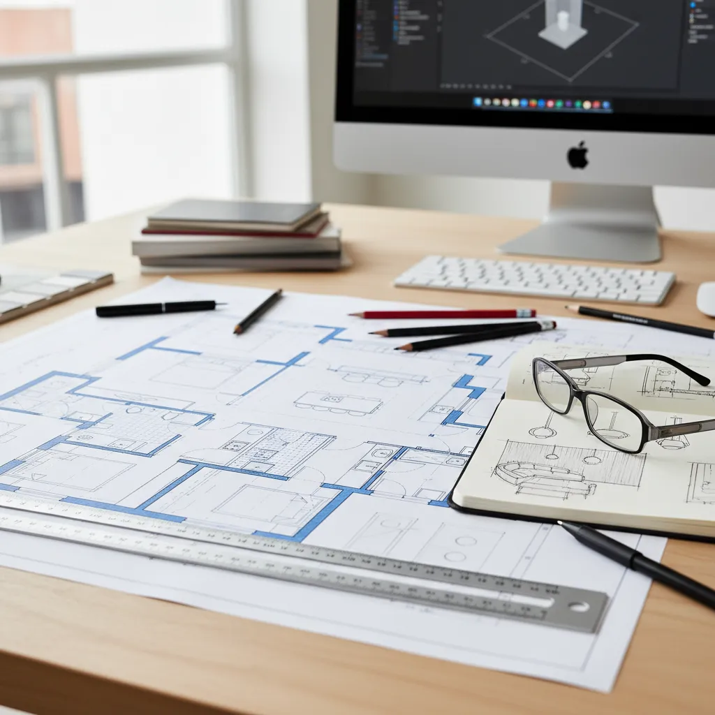 Plano de distribución de apartamento sobre mesa de trabajo con herramientas de diseño
