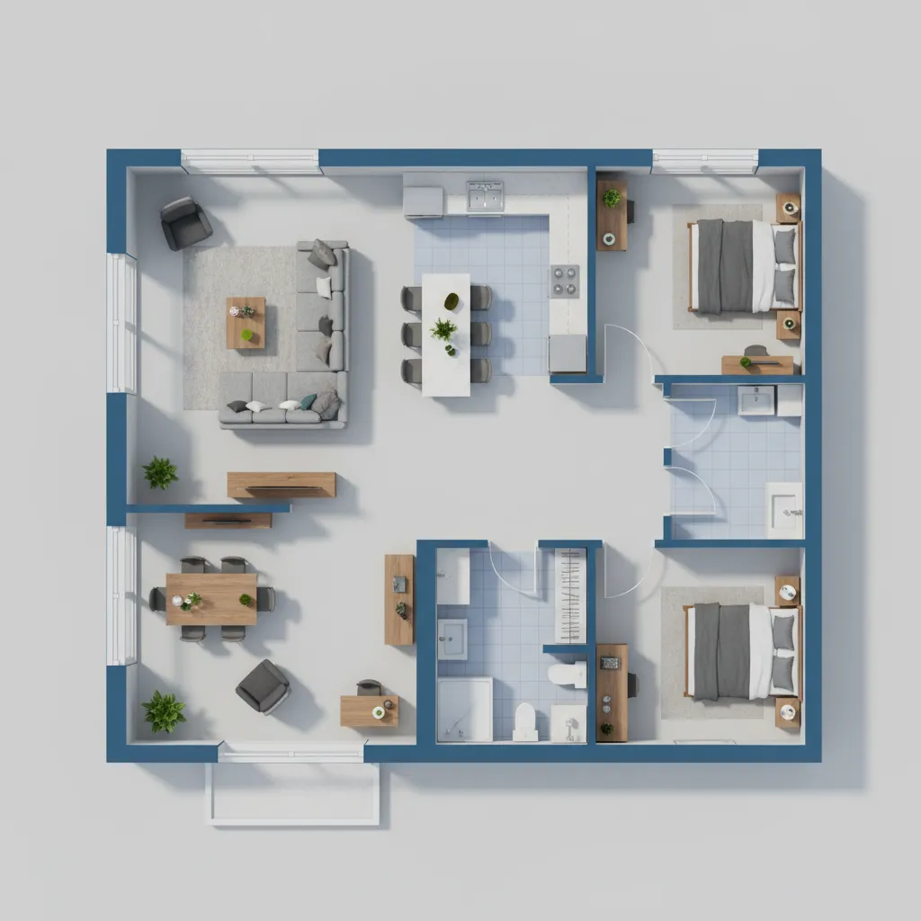 Plano de distribución de apartamento con muebles y medidas