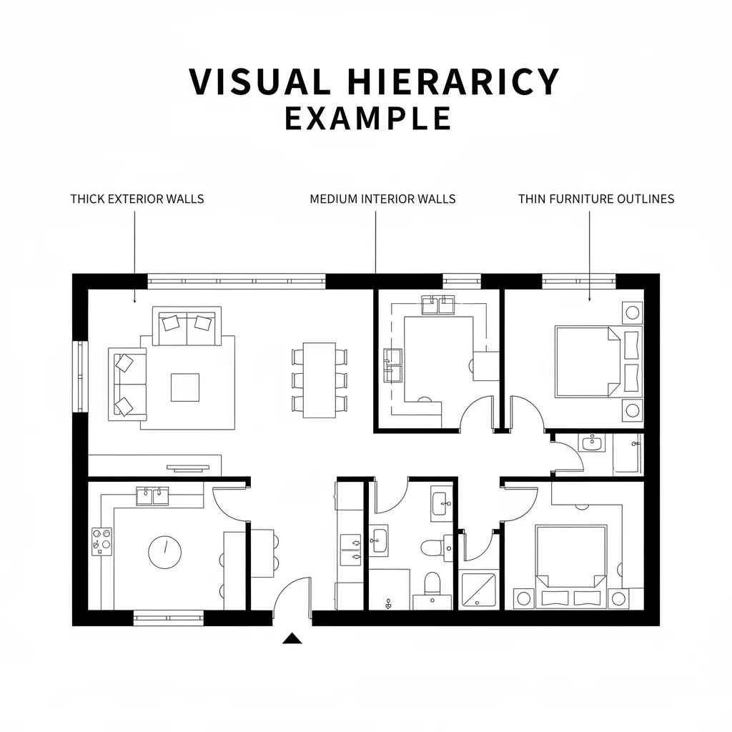 Architectural floor plan diagram showing different line weights for walls and furniture