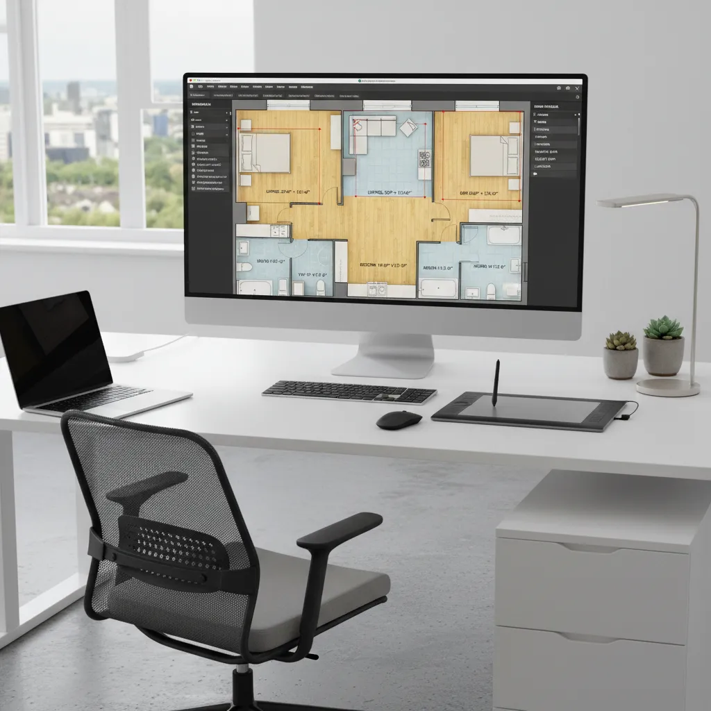 digital floor plan highlighting flooring and wall material calculations