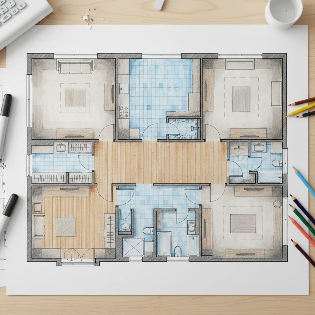 architectural floor plan colored with markers to show materials like wood and tile