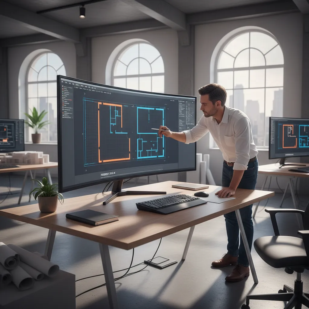 Architect measuring exterior wall boundary on digital architectural floor plan