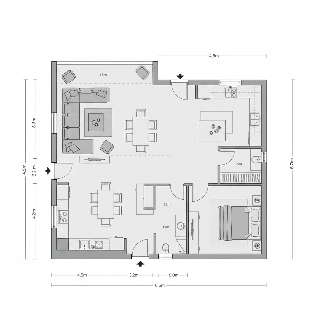 Digital floor plan with dimensions walls doors and furniture placement
