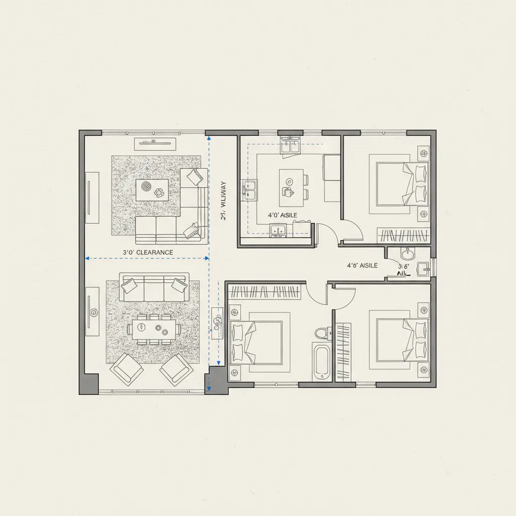 Detailed floor plan with measurement guides for furniture clearance