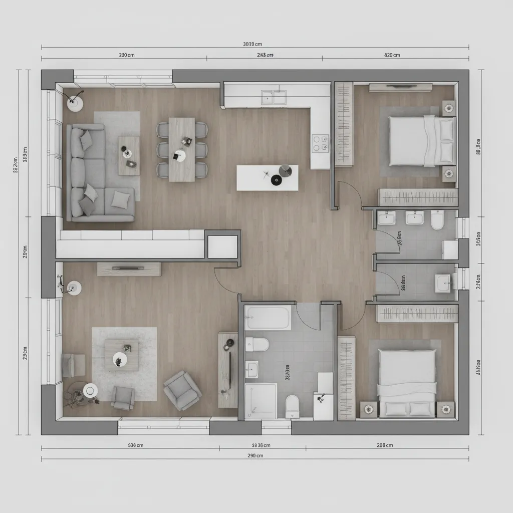 digital floor plan with dimension lines and room measurements overlay