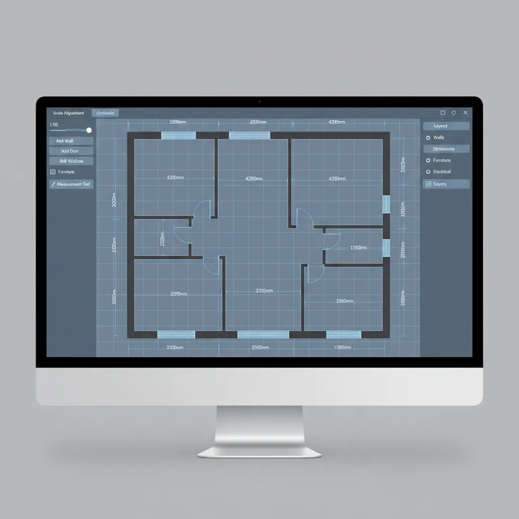 Floor plan design interface showing wall measurements and scale settings