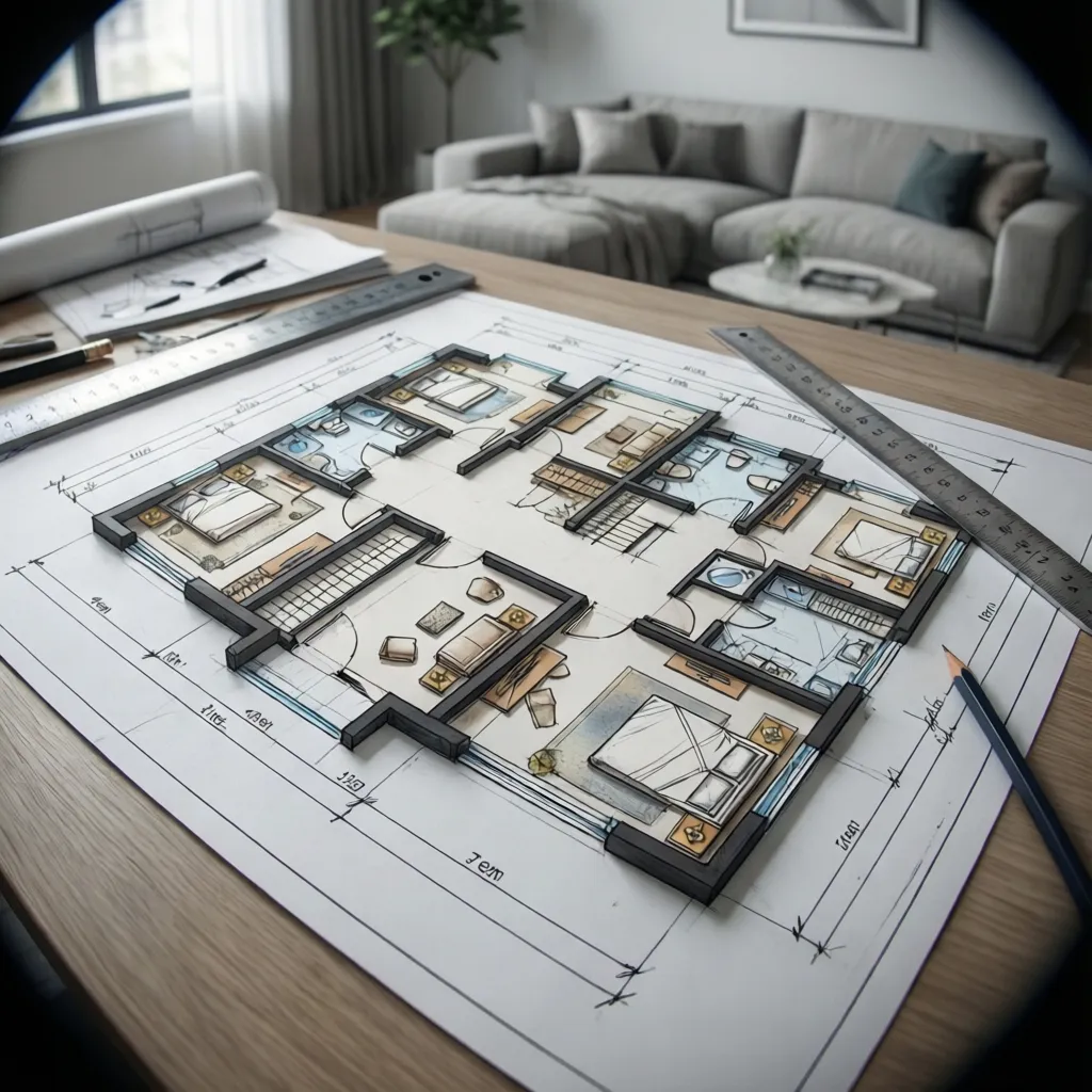 Hand sketching a residential floor plan with measurements labeled in feet and inches
