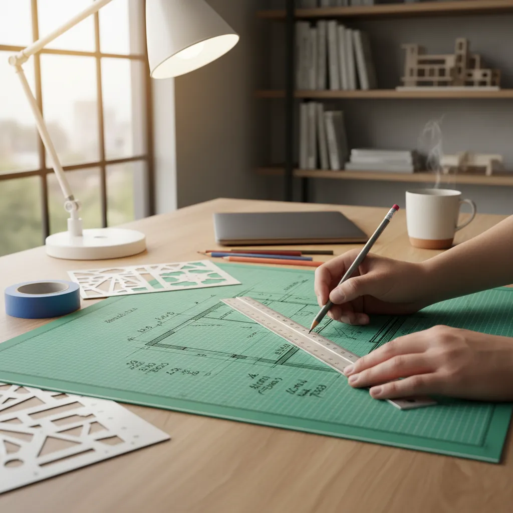 Hands drawing a room layout on a green mat using a ruler and pencil at desk