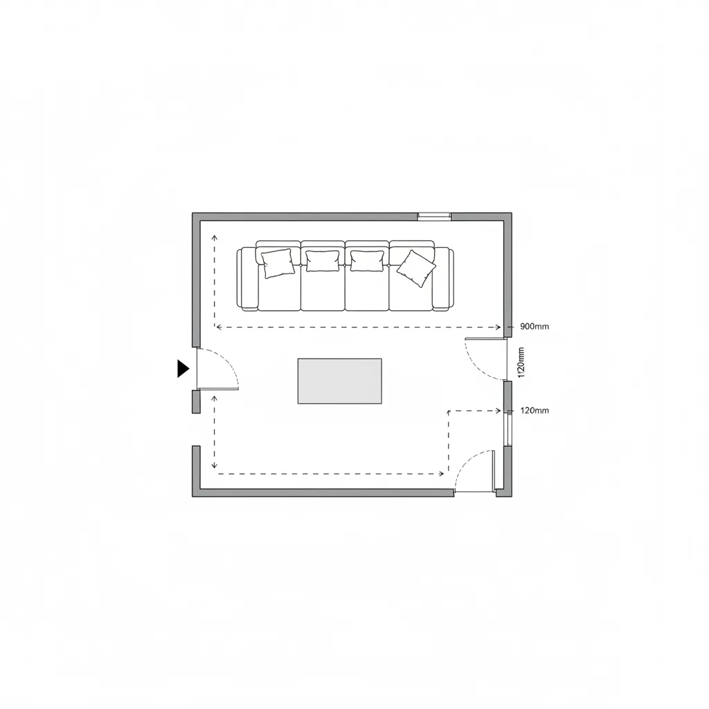 Top view floor plan showing furniture spacing and walkway measurements in a living room layout
