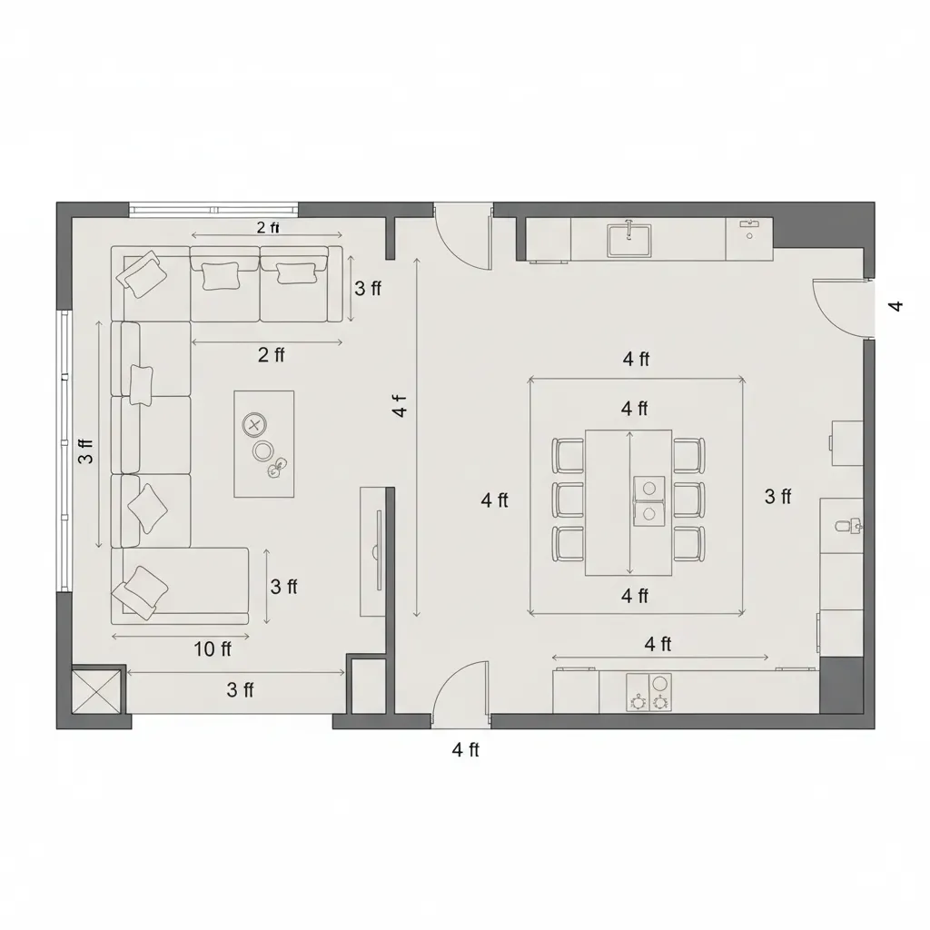 Interior layout diagram showing spacing guidelines around furniture and walkways