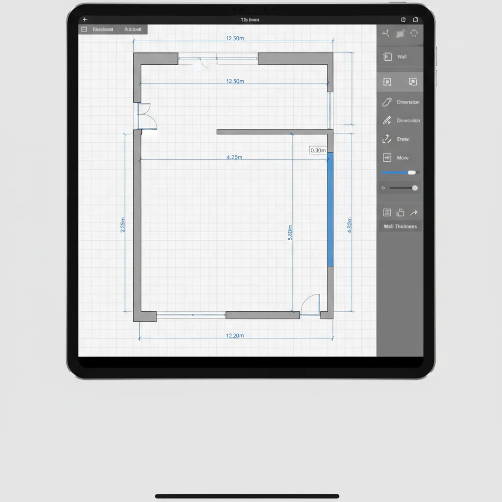 Digital floor plan with measurement lines and wall editing tools on a mobile planning interface