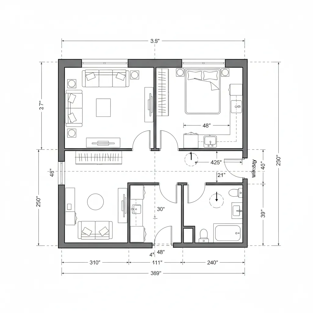 2D floor plan highlighting door clearance and circulation space measurements