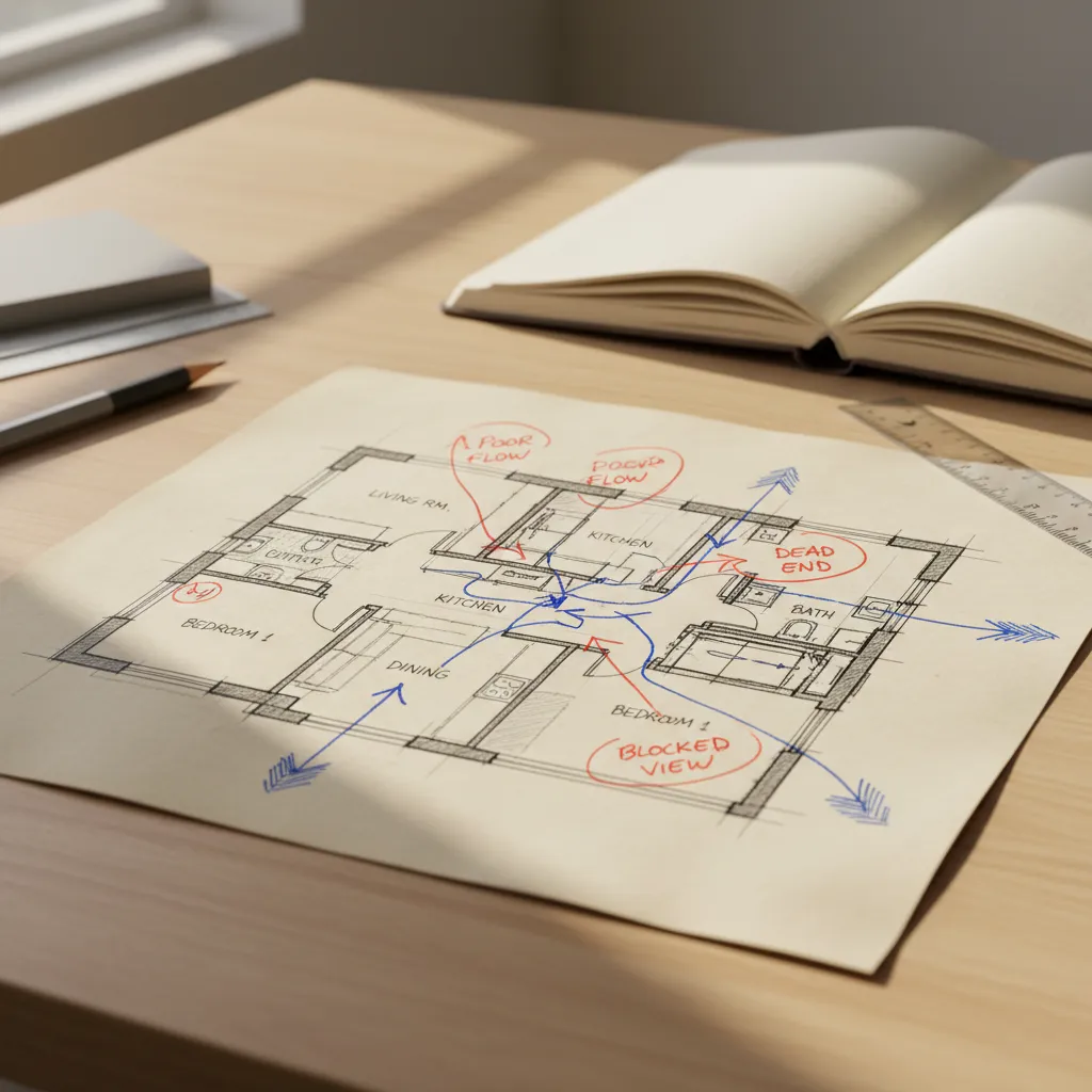Plano de casa en papel con anotaciones de errores de distribución