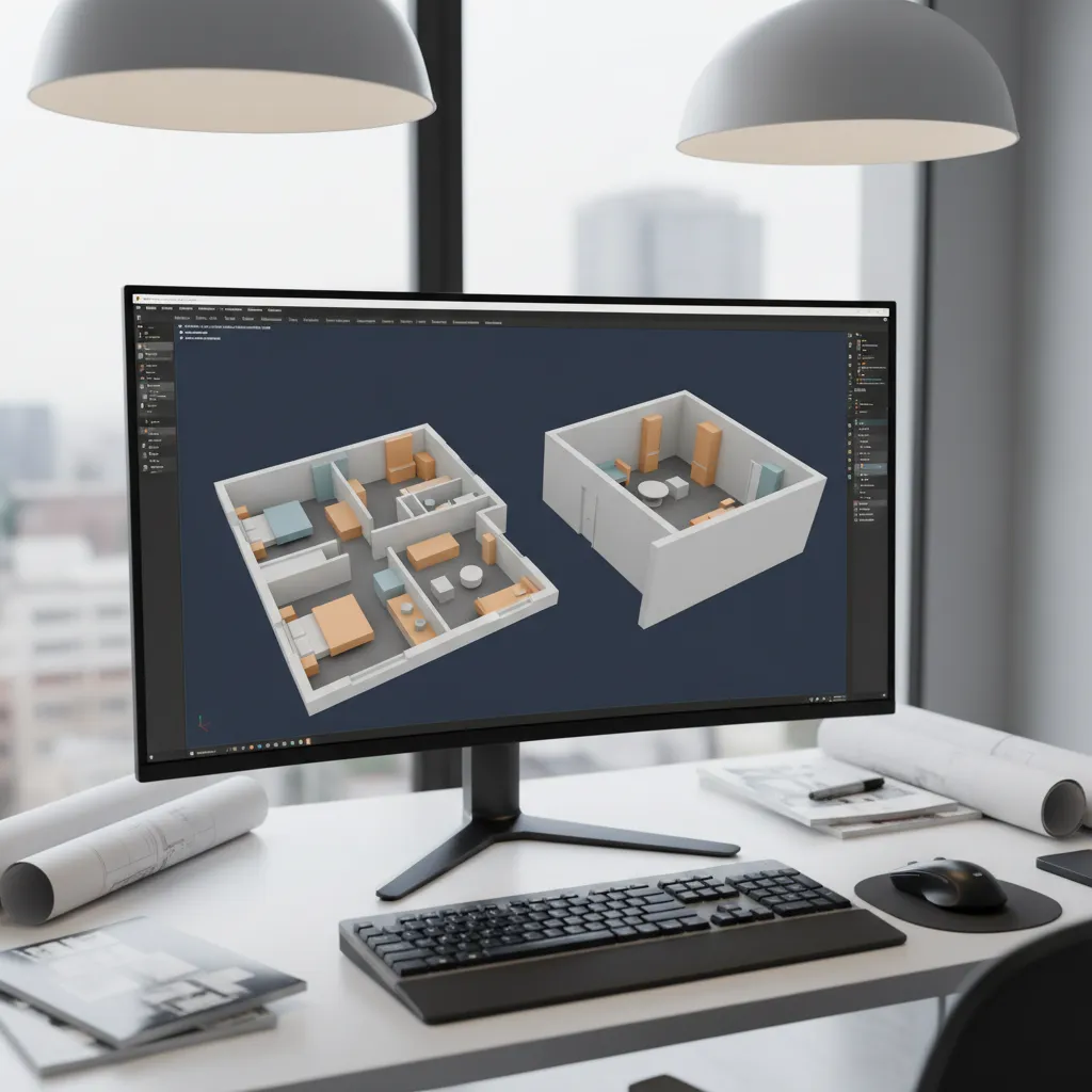 3D modeling process converting a 2D floor plan into walls and rooms