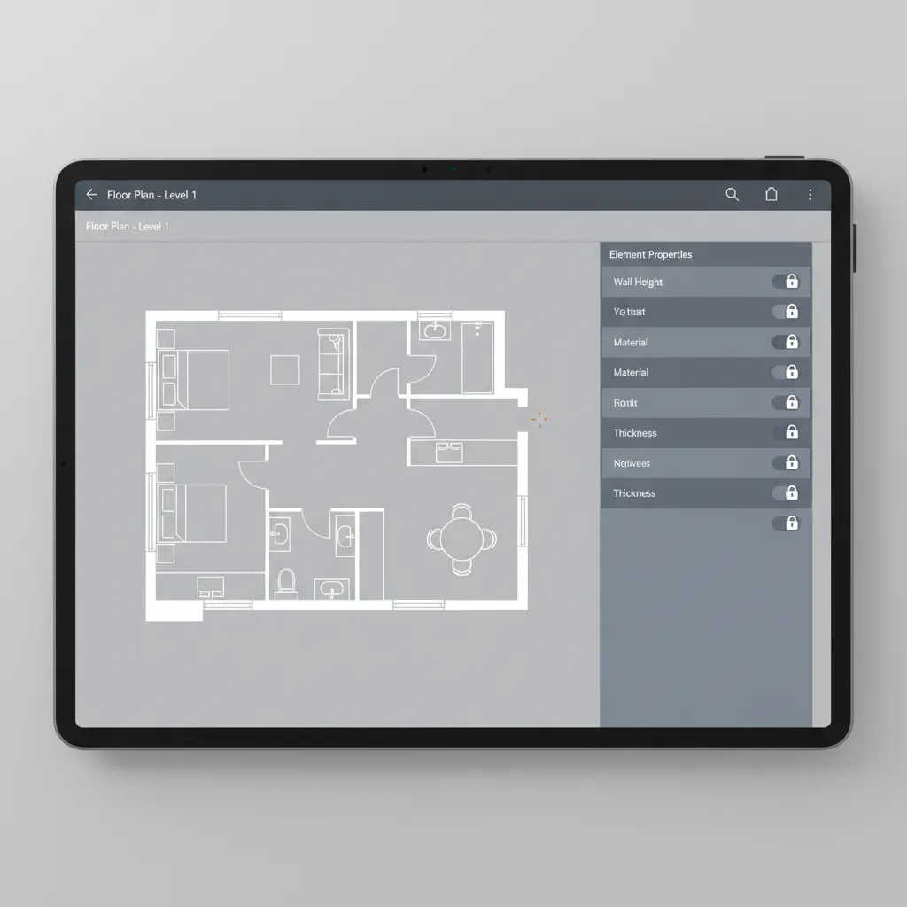 Floor plan creator interface showing object properties panel with lock toggle