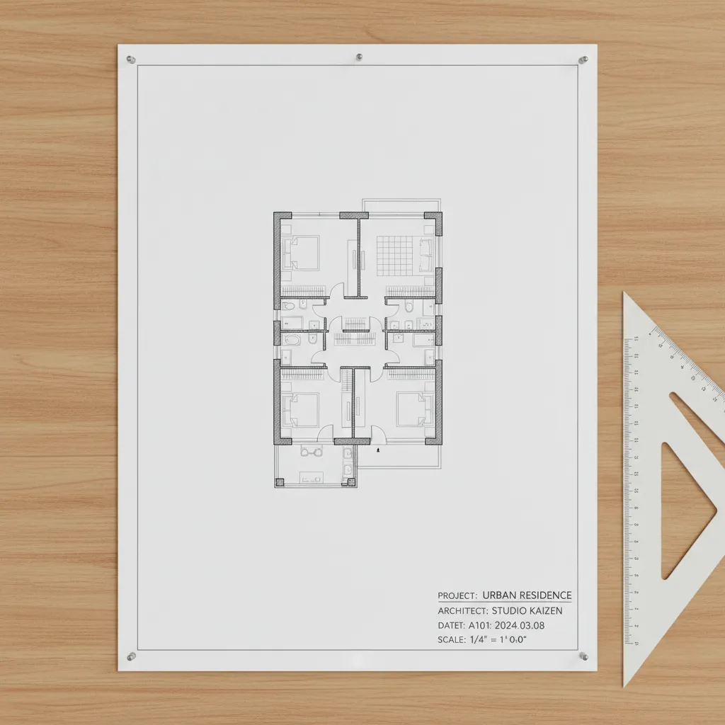 Architectural floor plan arranged on presentation sheet layout