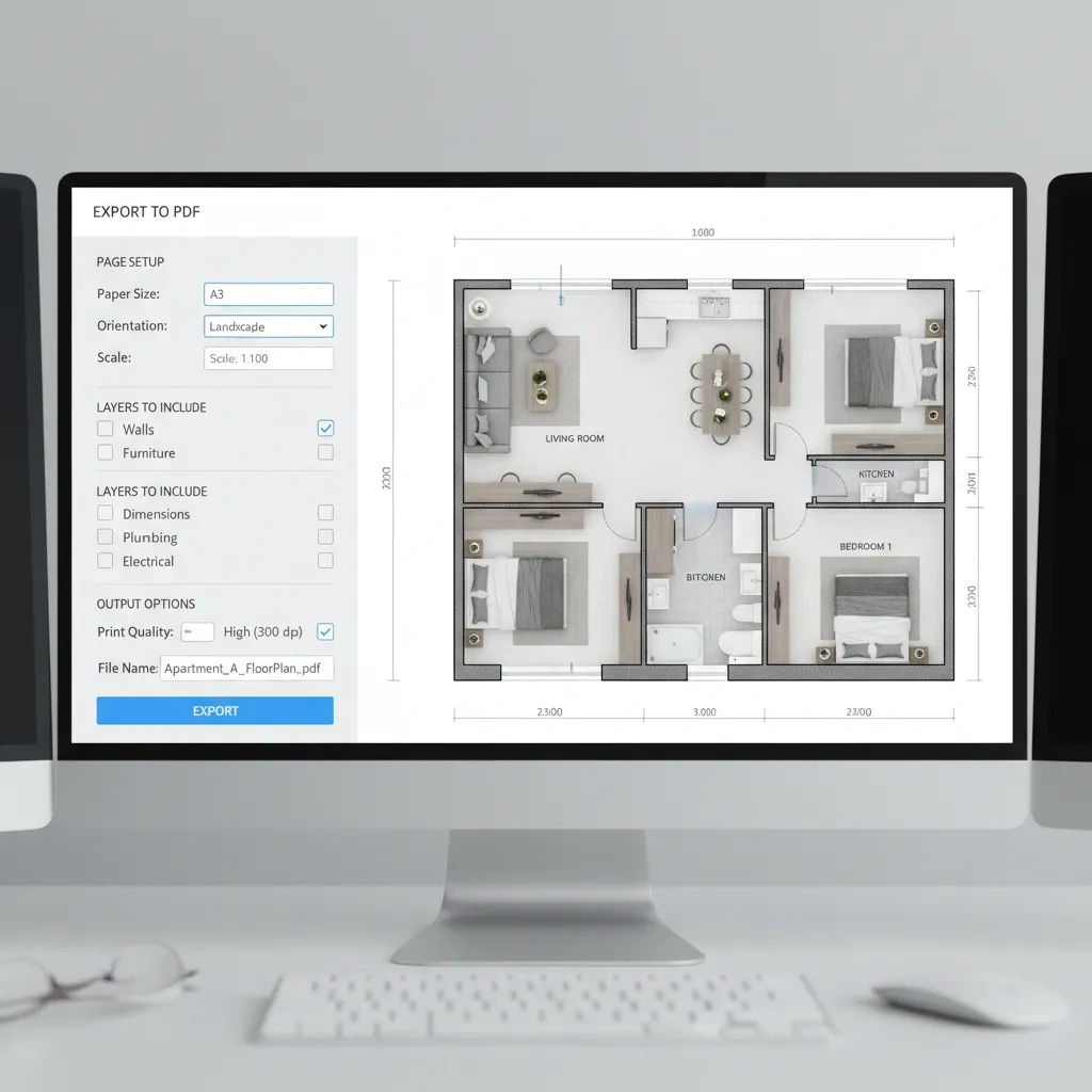 floor plan export settings showing PDF print configuration