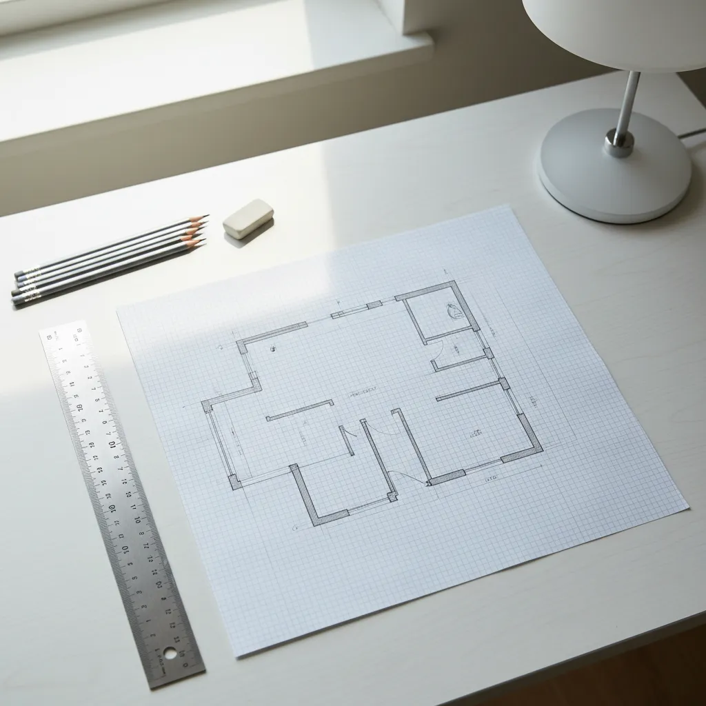 Graph paper with hand drawn floor plan using feet and inch measurements