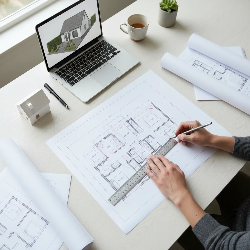 Architect reviewing floor plan layout for a small house renovation
