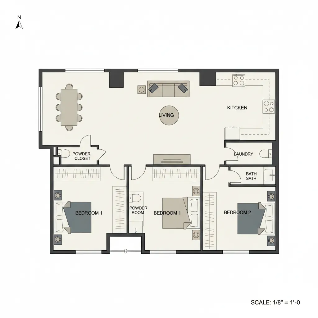 floor plan with centered room labels and organized layout