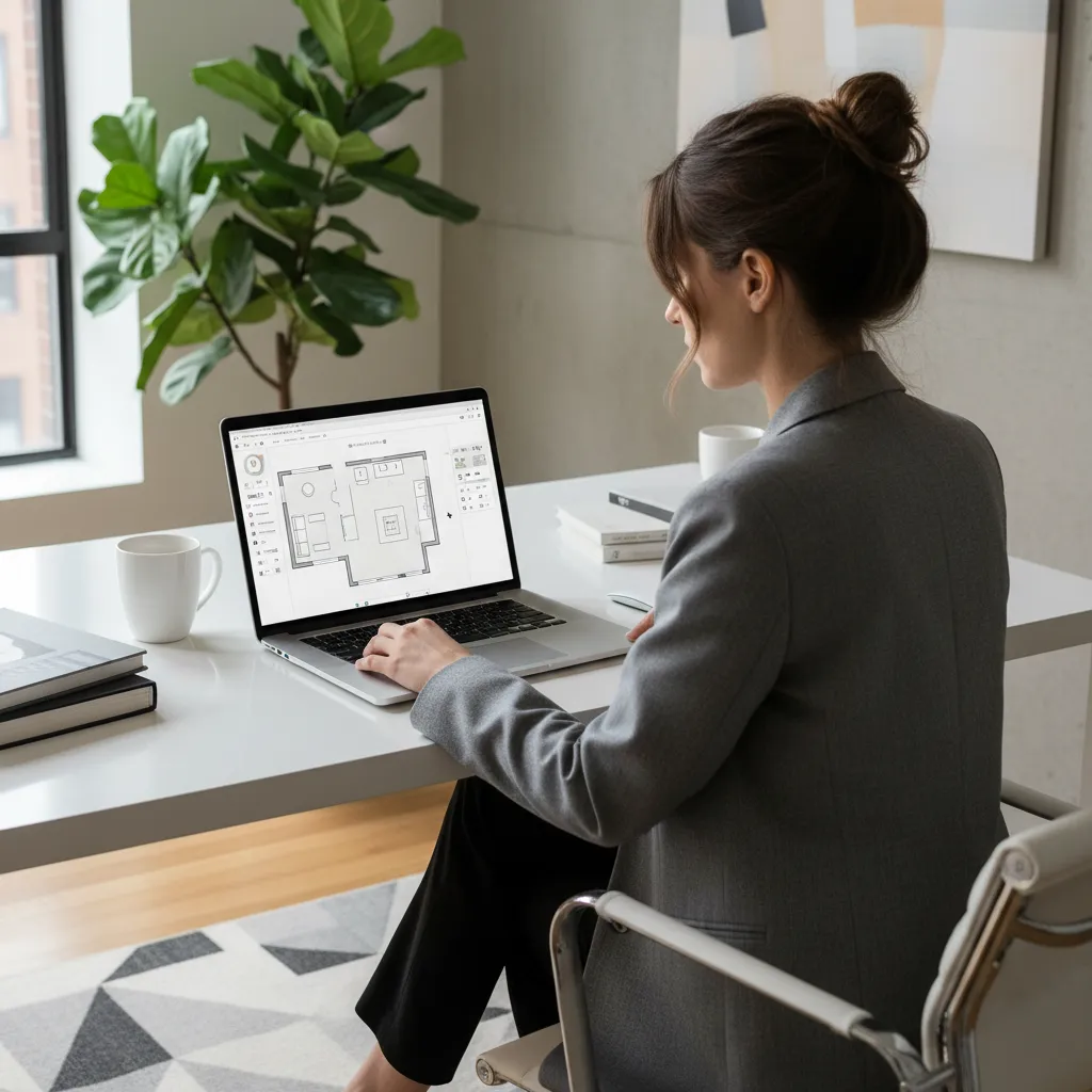 Designer arranging walls and furniture in floor planning software