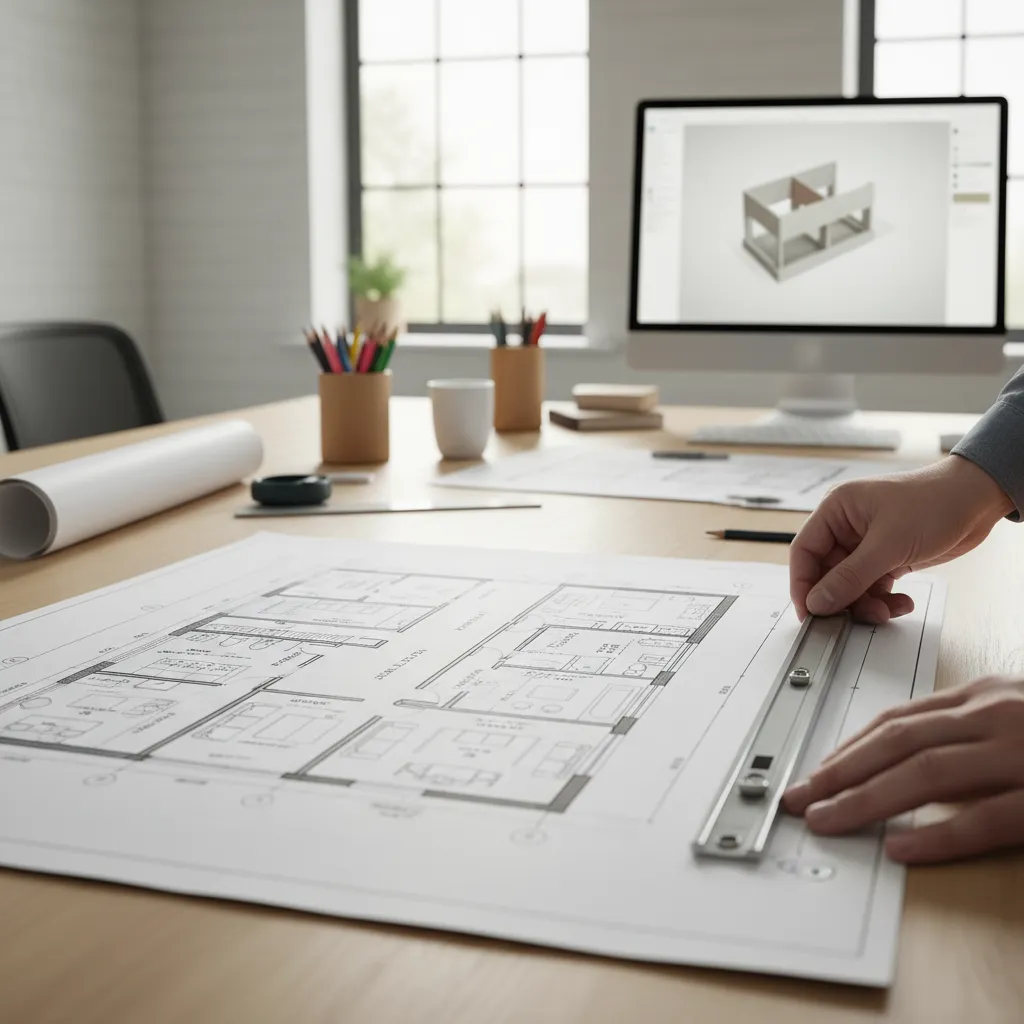 Architect measuring distance on a printed floor plan using a graphic scale bar