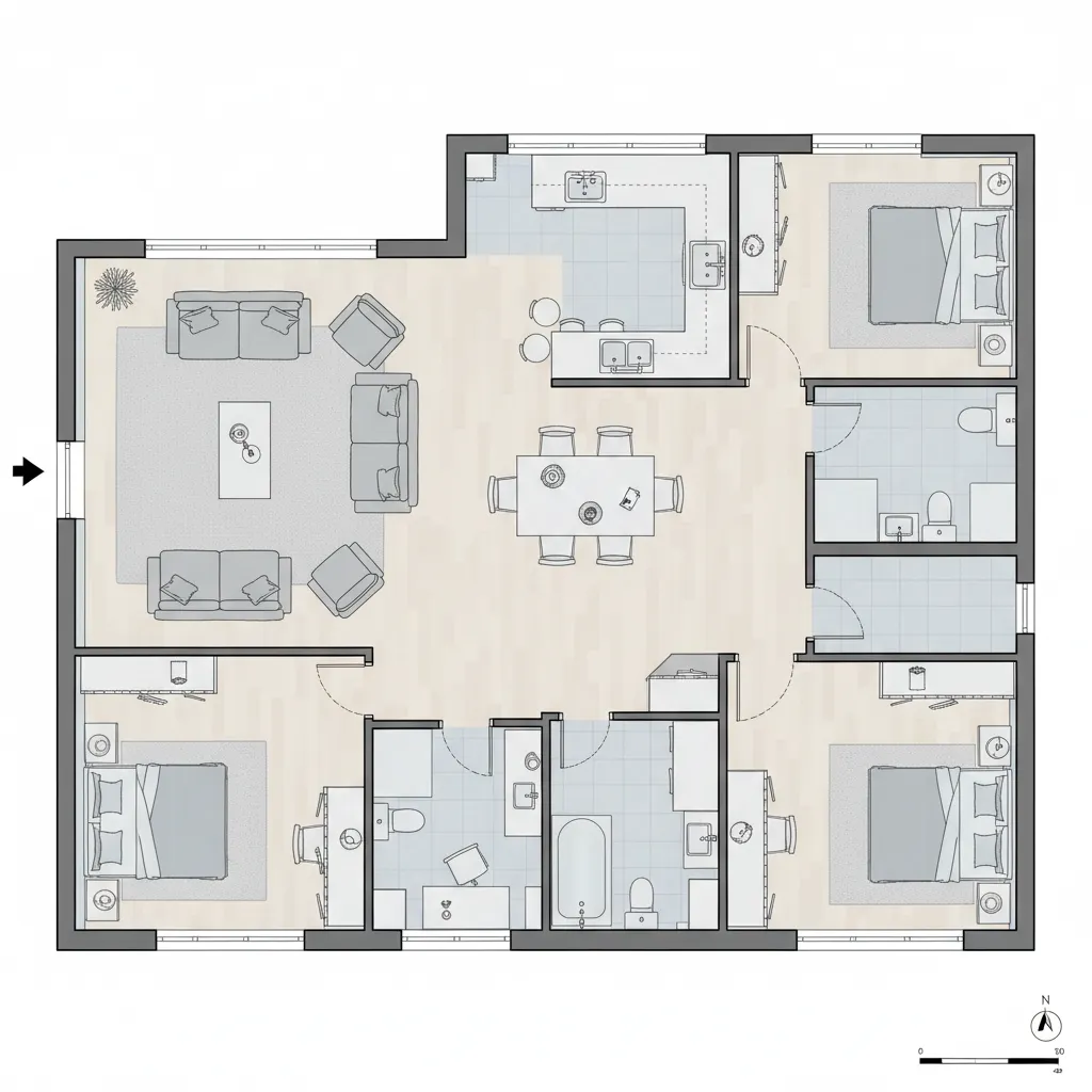 Example showing furniture placement revealing scale errors in a residential floor plan