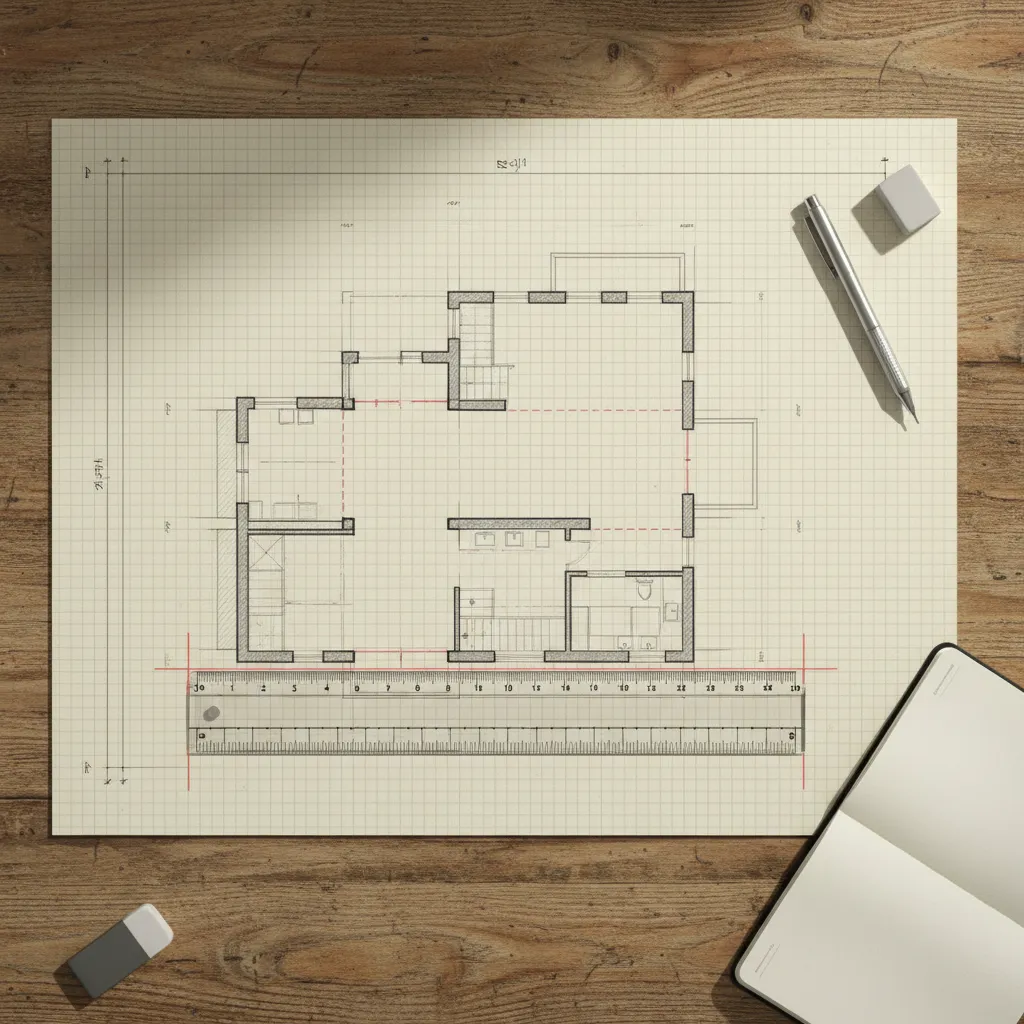 Dibujo de plano de casa usando escala en papel milimetrado