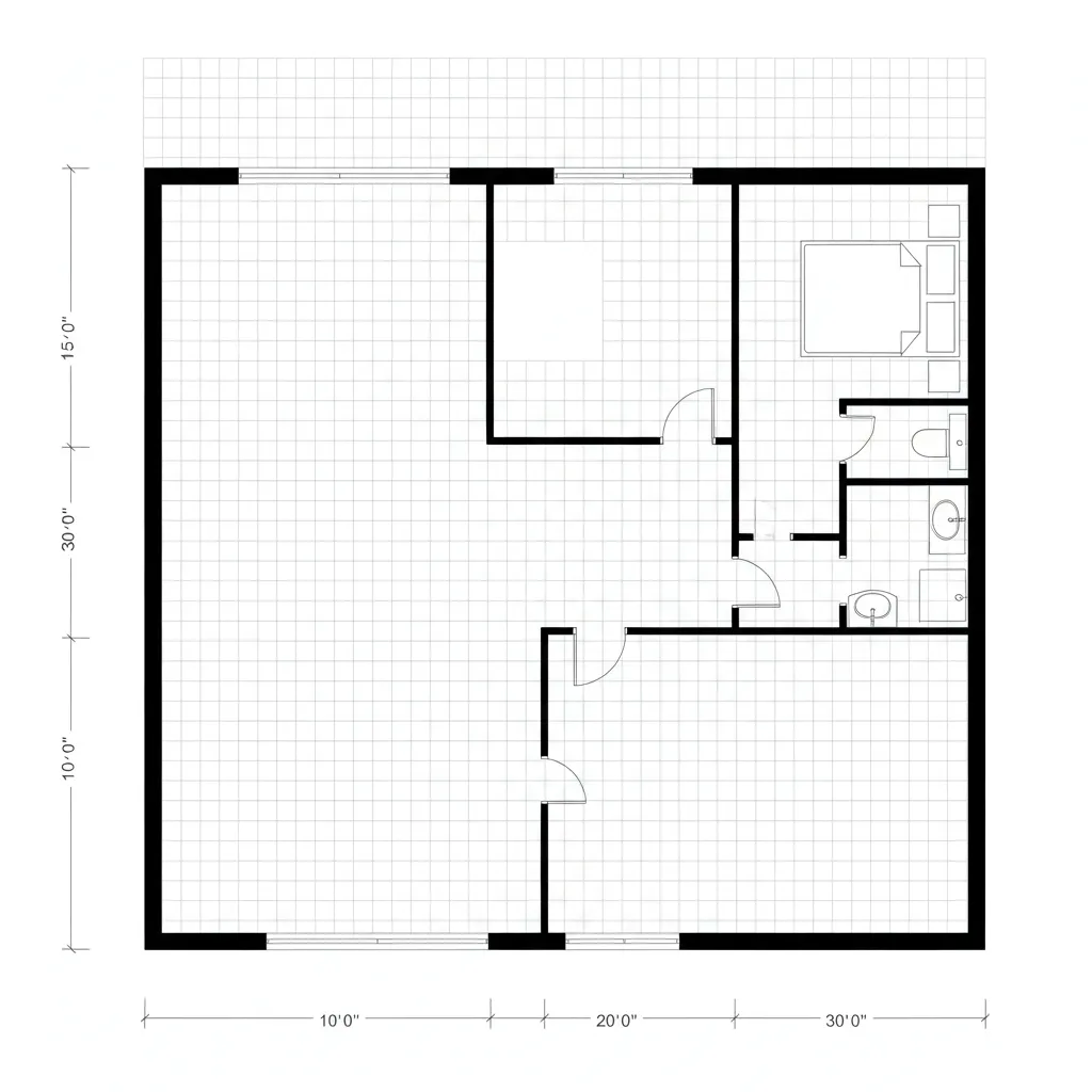 Black and white room layout with grid lines and dimensions showing a bedroom and bathroom