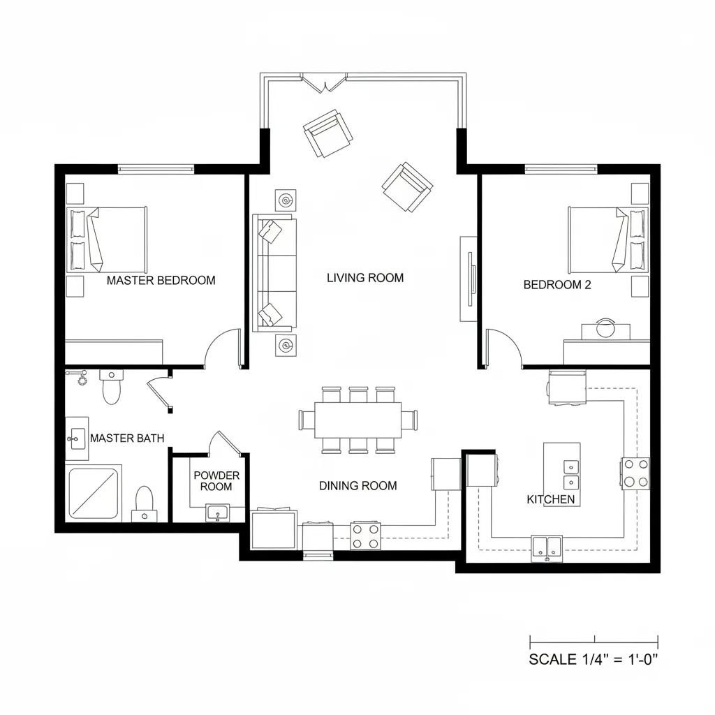 Black and white 2D floor plan with centered room labels and correct scale furniture