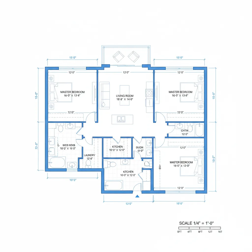 House floor plan with measurement lines and scale indicator showing room dimensions