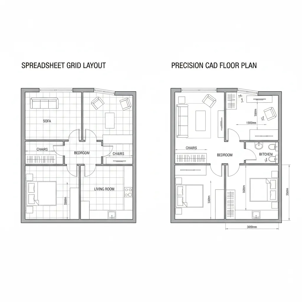 Comparison diagram showing measurement accuracy difference between spreadsheet layout and CAD floor plan
