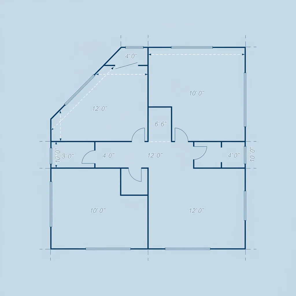 floor plan divided into rectangles triangles and trapezoids for area calculation