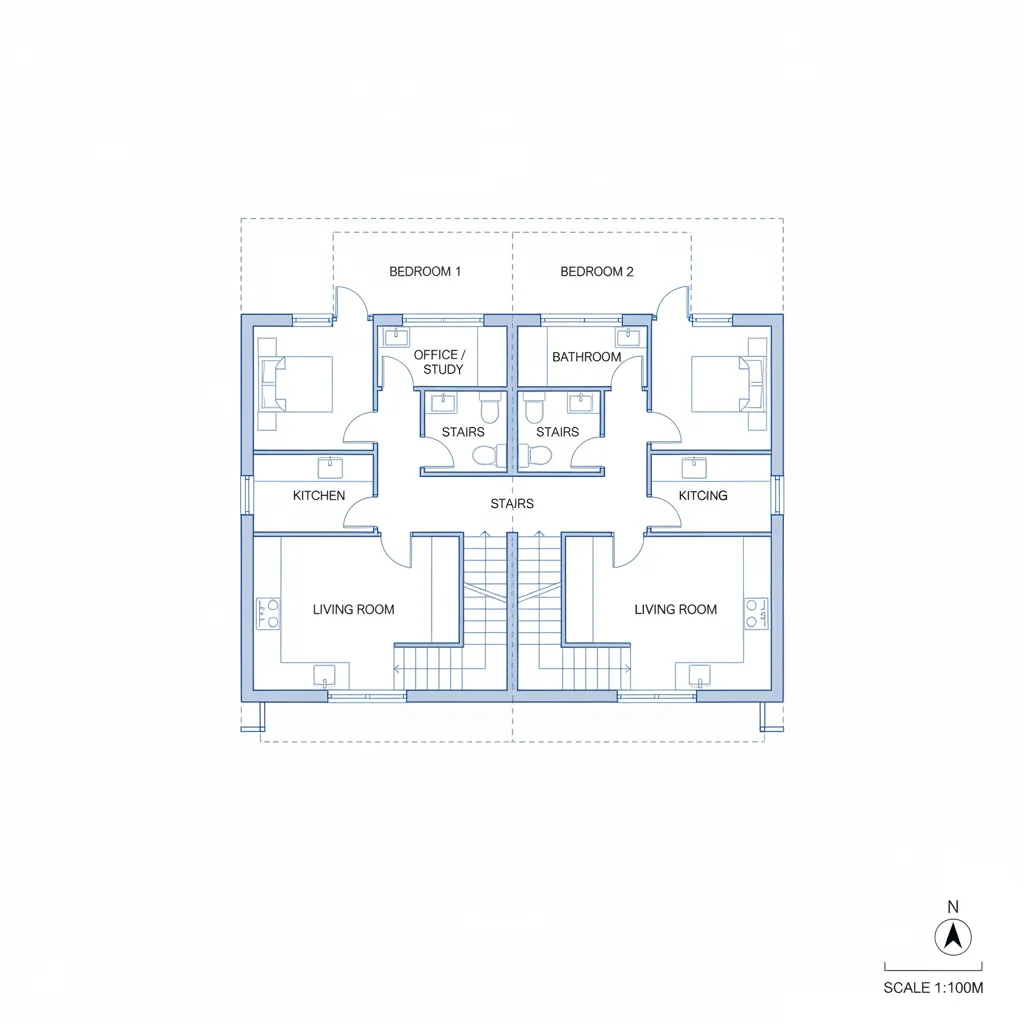 Plano arquitectónico de distribución para una casa pareada