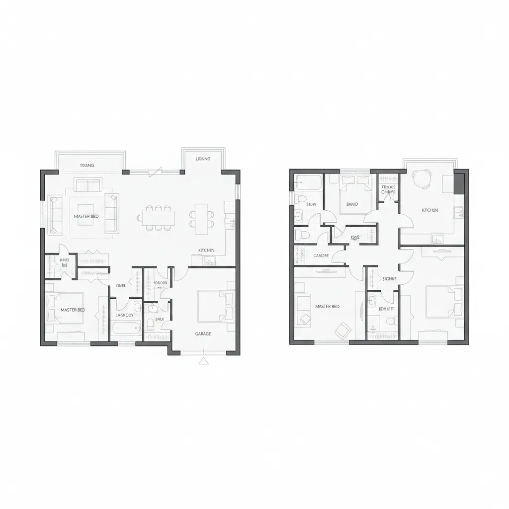 Floor plan comparison between a 3000 sq ft house layout and an 800 sq ft modular home layout