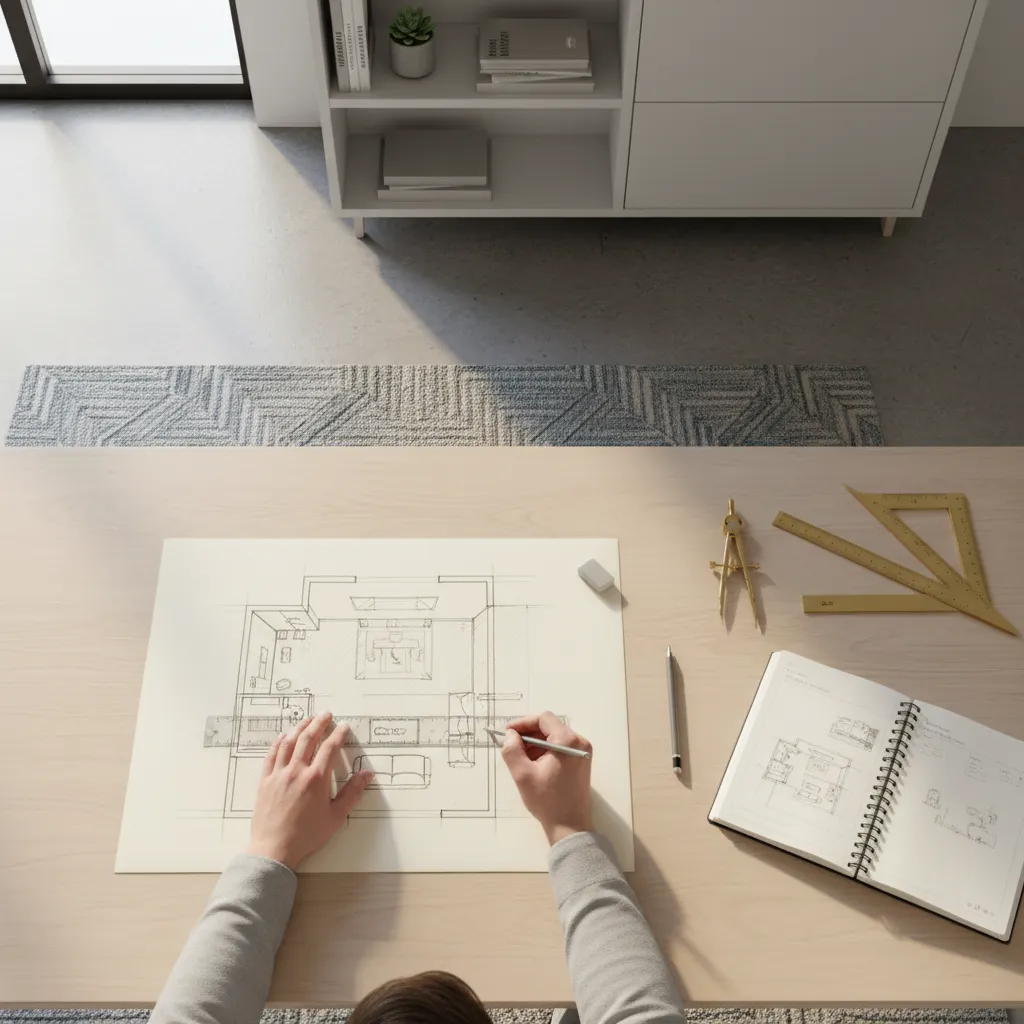designer sketching initial room layout before creating digital floor plan