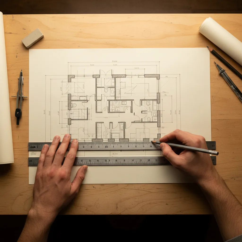 Boceto inicial de plano de casa con lápiz y reglas sobre mesa de trabajo