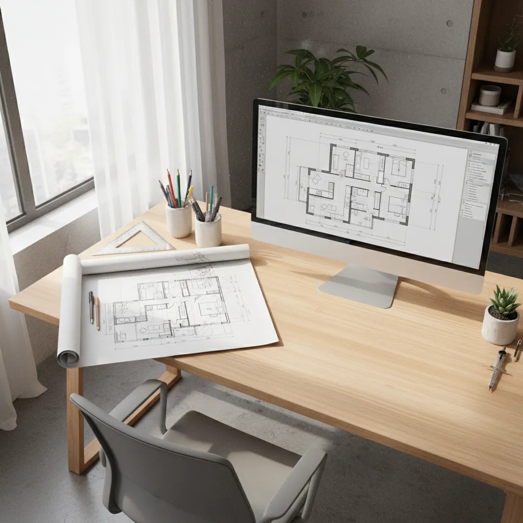 hand drawn floor plan sketch beside a computer displaying a clean 2D digital layout