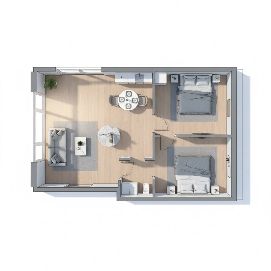 Plano de distribución de un apartamento pequeño con zonas funcionales