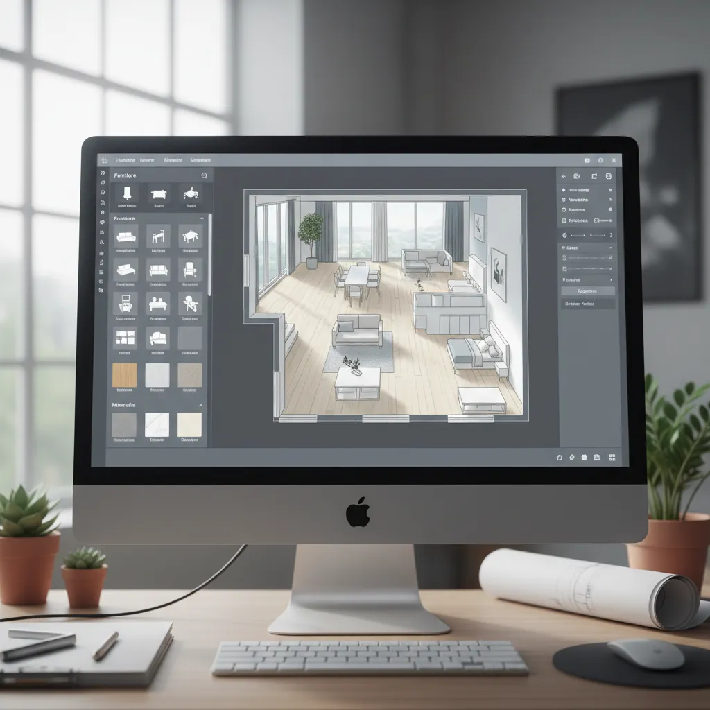 Floor planning software asset library panel displaying furniture and materials