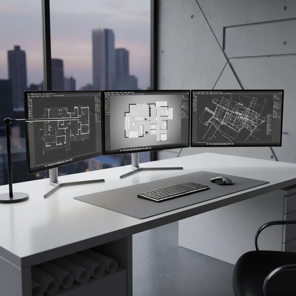 designer comparing floor plan software tools on multiple screens with architectural layouts
