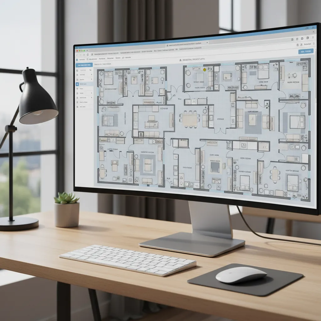 Browser based floor plan software interface showing complex home layout with many furniture elements