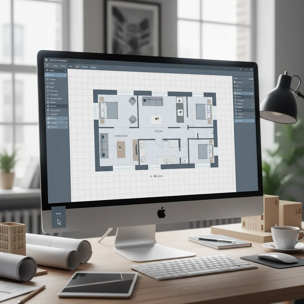 Digital floor plan software interface with room layout grid and furniture icons