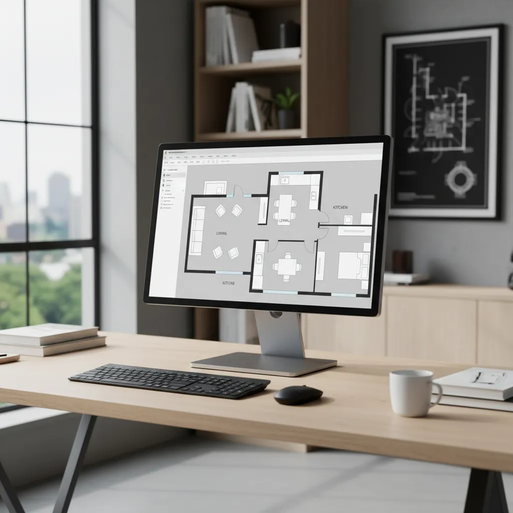 Example of a digital floor plan design interface with room layout and furniture icons
