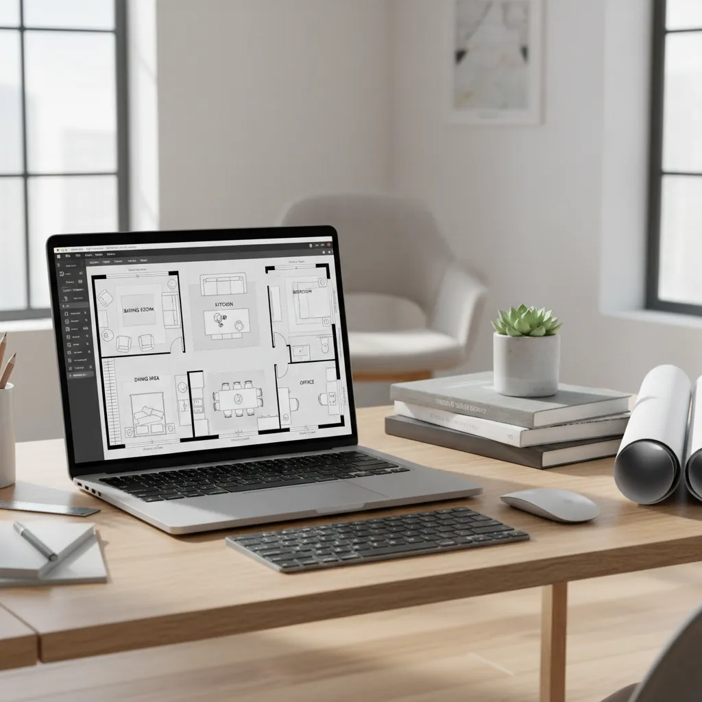 Laptop showing digital house floor plan layout design software interface